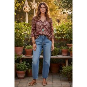 Surrealist Sheer Lace Top Medium Burgundy Damask V-Neck 3/4 Sleeve Boho Mesh VTG